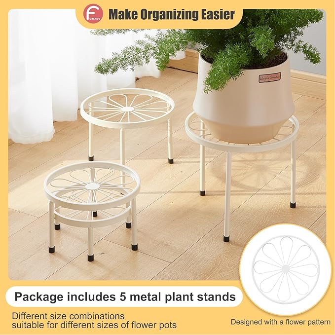 Plant Stand,5 Pack Heavy Duty Flower Pot Stands,Metal Decoration Racks,Round Plant Shelf for Planter Outdoor and indoor (White)
