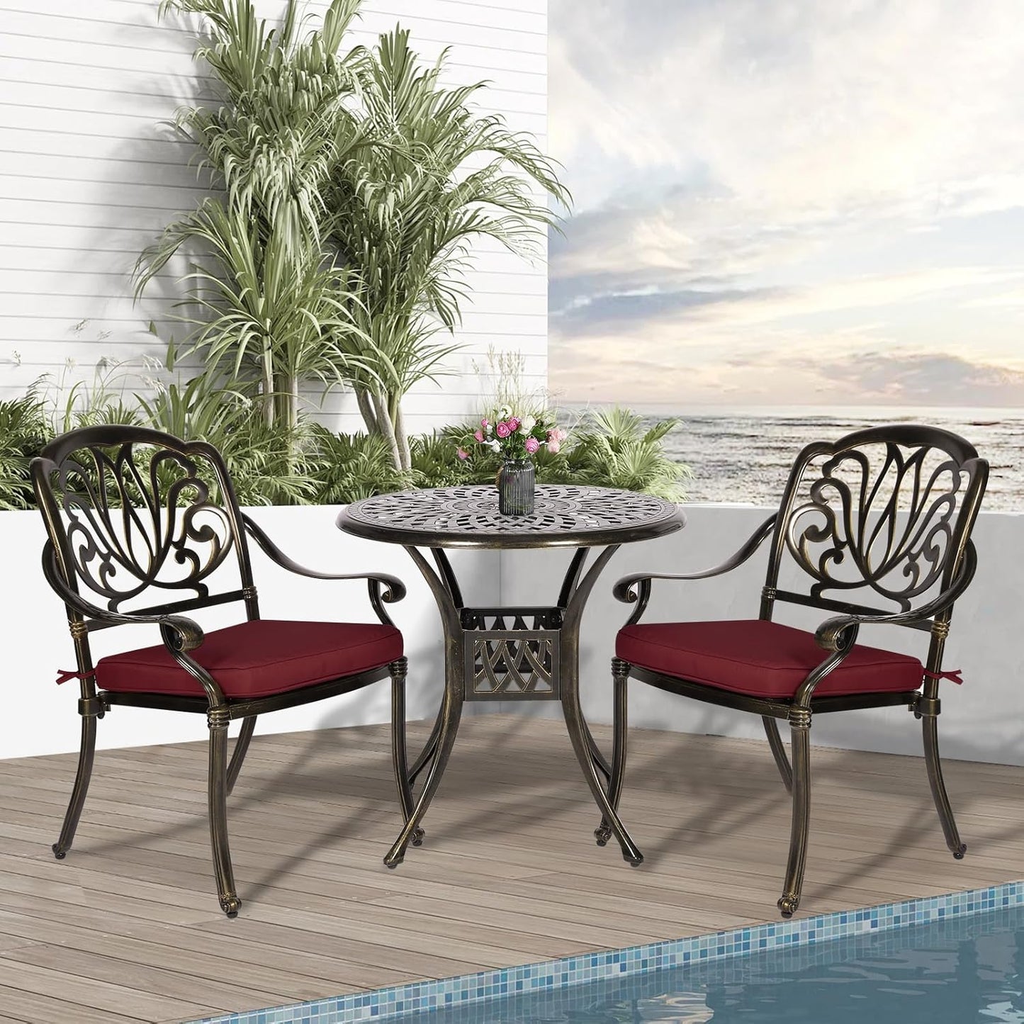 3-Piece Outdoor Patio Dining Set, All-Weather Cast Aluminum Patio Furniture Set for Backyard Garden Deck with 2 Cushioned Chairs and 31” Round Table, 2" Umbrella Hole, Chili Red