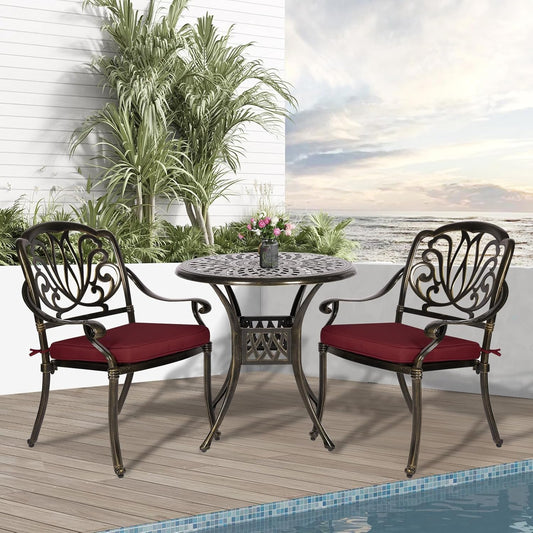 3-Piece Outdoor Patio Dining Set, All-Weather Cast Aluminum Patio Furniture Set for Backyard Garden Deck with 2 Cushioned Chairs and 31” Round Table, 2" Umbrella Hole, Chili Red