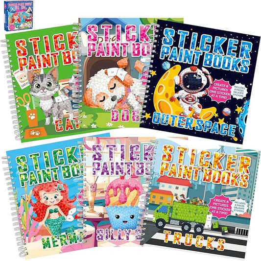 gisgfim 6 Pcs Paint by Sticker Books Sticker by Number Books Activity Book Sticker Puzzle Book Craft Art Gift with Mermaid Truck Outer Space Cat 48 Pictures Sticker by Number Book Set Party Favors