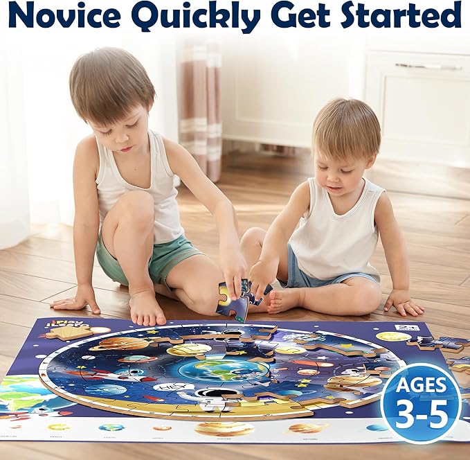 iPlay, iLearn Floor Puzzles for Kids Ages 3-6, Jigsaw Puzzle for kids Ages 4-8, Toddler Large Wooden Learning Toy, Educational Round Planets, Solar System Birthday Gift for 5-7 Year Old Boy Girl Child