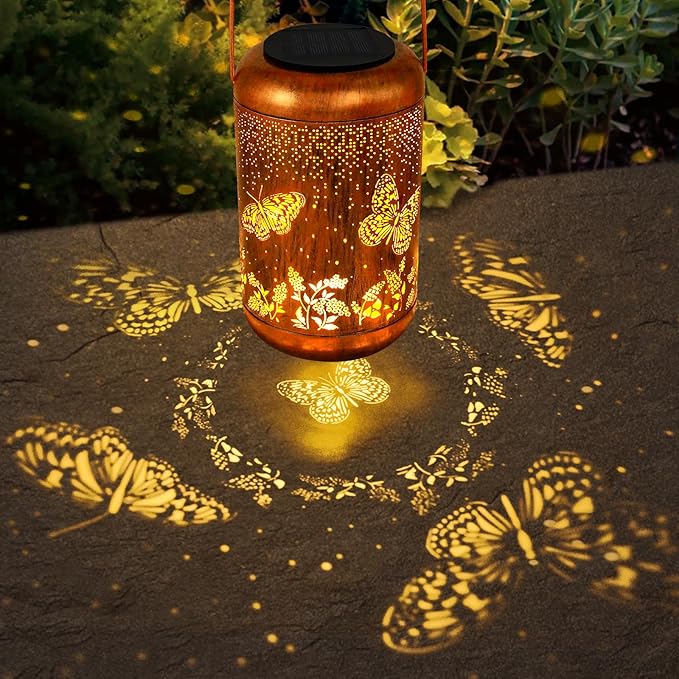 Solar Lanterns Outdoor Butterfly Hanging Lantern Lights, Gardening Gifts for Mom Women Grandma Solar Lights Waterproof LED Mode Change Metal Solar Garden Decor for Patio Yard Lawn Landscape Tabletop