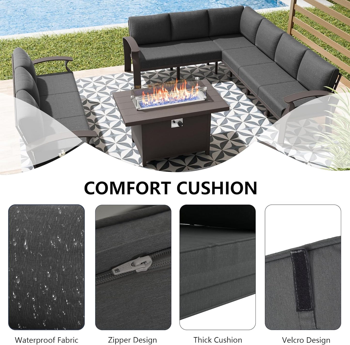 Aluminum Patio Furniture Set, 10 Seats Outdoor Patio Conversation Set with Swivel Chair Modern Metal Patio Sectional Sofa with Coffee Table for Patio, Backyard(Grey).