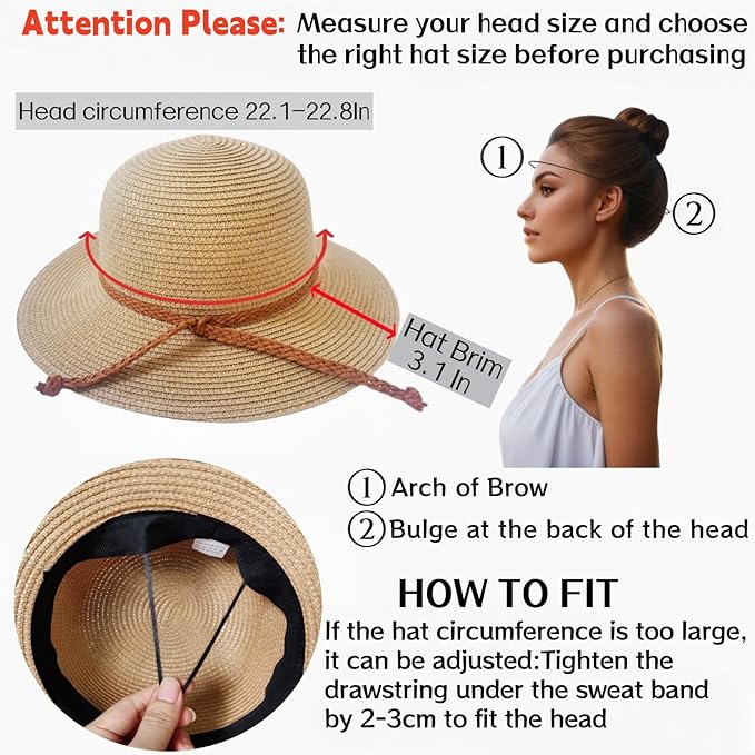 Beach Sun Straw Hats for Women, Summer Sun Protection Foldable Packable Wide Brim Hat