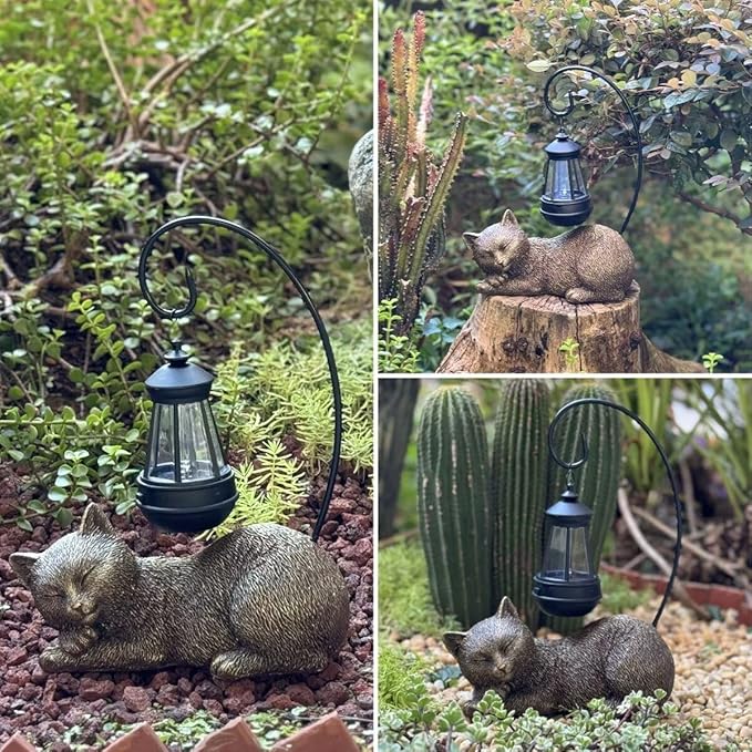 Solar Garden Statue Cat Figurine, 13 Inch Tall Garden Cat Statues Art with Solar Lantern, Loving Cat Statues for Patio, Balcony, Yard, Lawn and Porch, Unique Housewarming Gift for Garden Mom Grandma