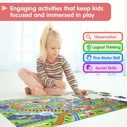 City PlayMat Jumbo Floor Puzzle for Kids Ages 3-8，60-Piece Large Jigsaw Puzzles, Town Map with Race Tracks & Train Tracks，Educational Toy for Pretend Play, Ideal Gift for Preschoolers