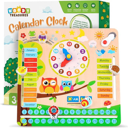 Montessori Wooden Toys Kids Clock - Wooden Toy for 3 Year Olds - Unique Learning Toy for Toddlers Learn About Seasons, Months, Days of Week, Time Telling - Educational and Fun