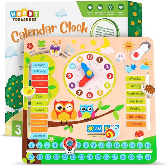 Montessori Wooden Toys Kids Clock - Wooden Toy for 3 Year Olds - Unique Learning Toy for Toddlers Learn About Seasons, Months, Days of Week, Time Telling - Educational and Fun