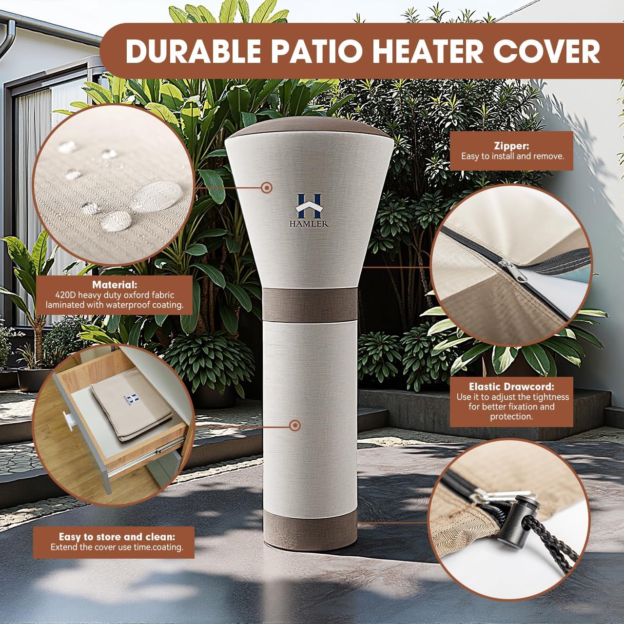 HAMLER Patio Heater Covers, Outdoor Heater Covers Waterproof with Zipper, Outdoor Patio Heater Cover Fits up to 95"H x 34"W x 19"W, Heavy Duty Heater Covers for Standing Heater, Brown & Beige