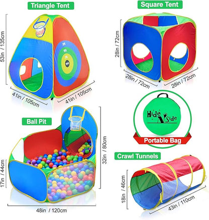 Hide N Side 5pc Kids Ball Pit Tents and Tunnels, Toddler Jungle Gym Play Tent with Play Crawl Tunnel Toy, for Boys Babies Infants Children, Indoor Outdoor Gift, Target Game w/ 4 Dart Balls