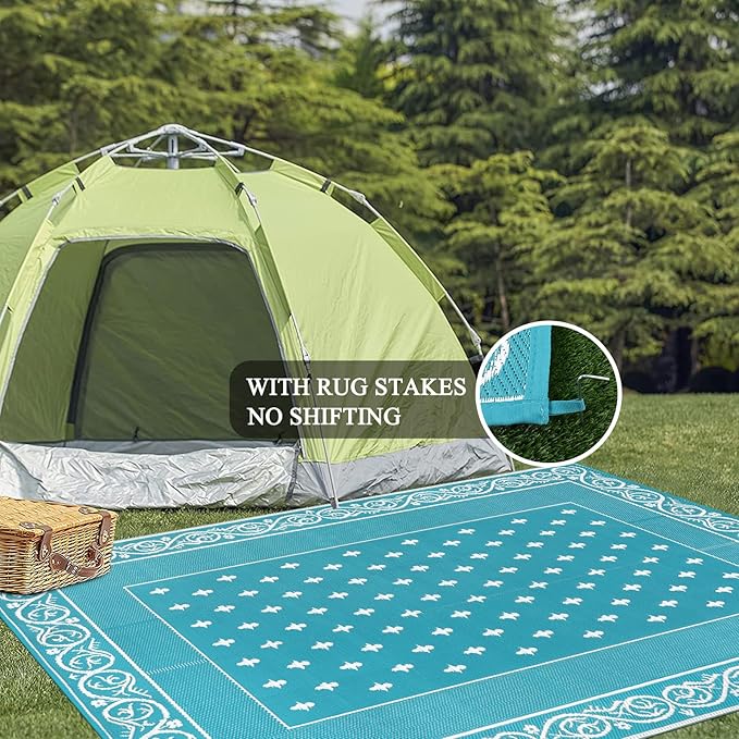 Pauwer Waterproof Outdoor Rug 8x10, Reversible Plastic Straw Patio Camping Rug, Indoor Outdoor RV Mat Carpet for Deck, Camper, Porch, Balcony, Backyard, Picnic, Bordered Teal