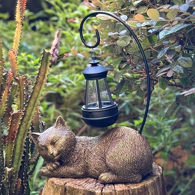 Solar Garden Statue Cat Figurine, 13 Inch Tall Garden Cat Statues Art with Solar Lantern, Loving Cat Statues for Patio, Balcony, Yard, Lawn and Porch, Unique Housewarming Gift for Garden Mom Grandma