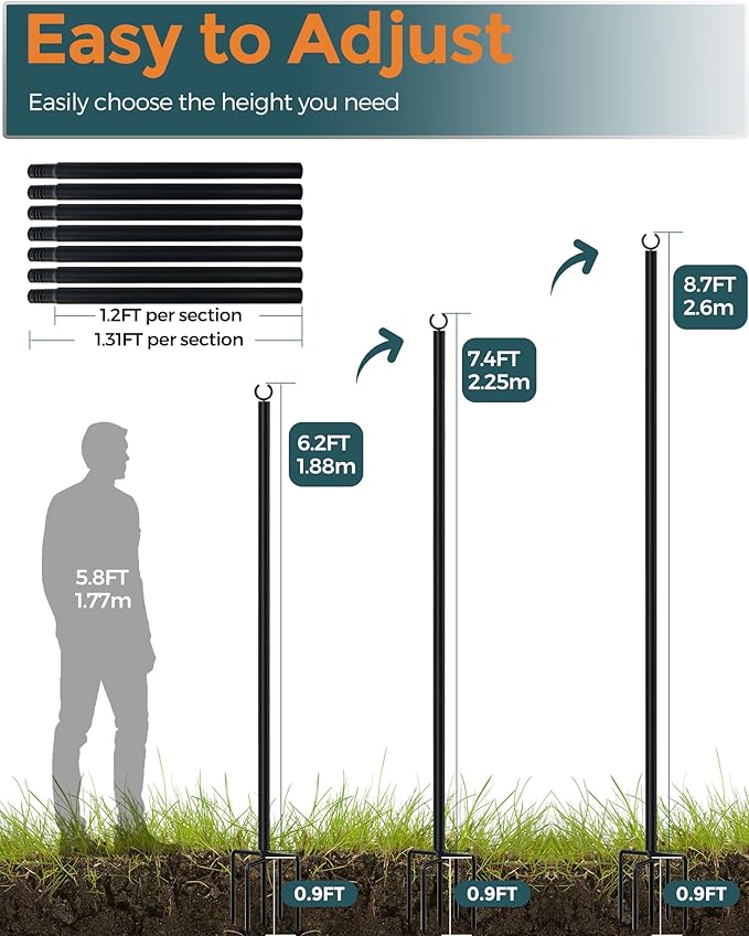 LAND·VOI Metal String Light Poles for Outside Hanging - Backyard, Garden, Patio, 1 Pack Lighting Stand with Adjustable Height for Outdoor Parties, Wedding, Extra-Long 5-Prong Claws, (9.6FT) FLP01B