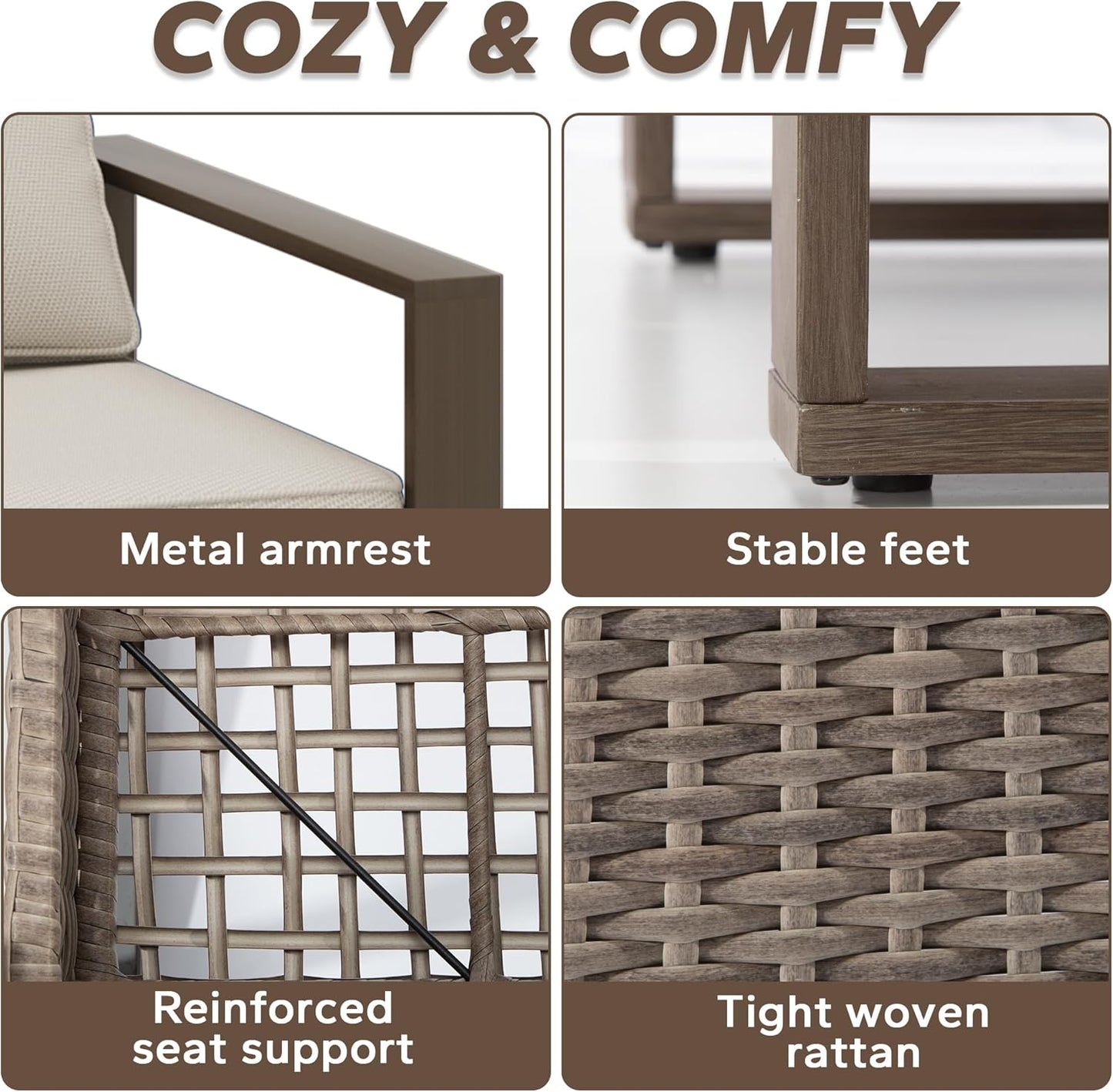 Outdoor Swivel Rocker Metal Chairs Set of 2 with Small Coffee Table - 3 Pieces Patio Bistro Set with Rectangular Framed Wood-Looking Metal Armrest, 360 Degree Glider Chairs, Beige