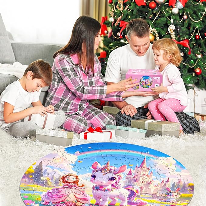 Floor Puzzles for Kids Ages 4-6, 70 Pieces Large Round Unicorn Princess Floor Puzzle Unicorn Jigsaw Puzzle Toy for 3 4 5 6 Toddler Girls - Educational Christmas, Birthday Gift