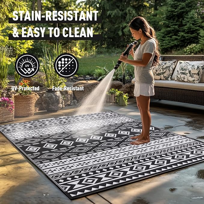 WILDROOTS 5x8 Feet Black and White Plastic Outdoor Rug, Stain Resistant Waterproof Reversible Outdoor Patio Rug, Fade Resistant Camping Rug