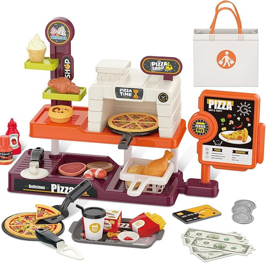 deAO Pretend Play Store Pizza Play Set for Kids, Realistic Pizza Pie Pretend Play Food,Slice and Serve Plastic Kitchen Cooking and Cutting Playset (Orange)