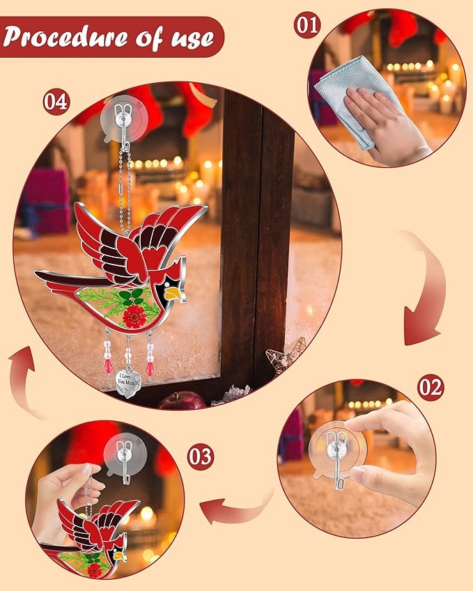 KY&BOSAM Cardinal Suncatcher I Love You Mom Glass Hangings for Windows Wind Chime Ornament with Hand Painted Real Flower and Metal Heart Charm Birthday Gifts for Women Mom Mother's Day