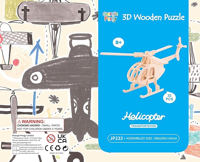 Georgie Porgy 2 Packs of 3D Wooden Puzzles, DIY Models Kits for Kids, Dinosaur Animal Airplane Car Woodcraft Construction Toy DIY Projects (Biplane Helicopter)