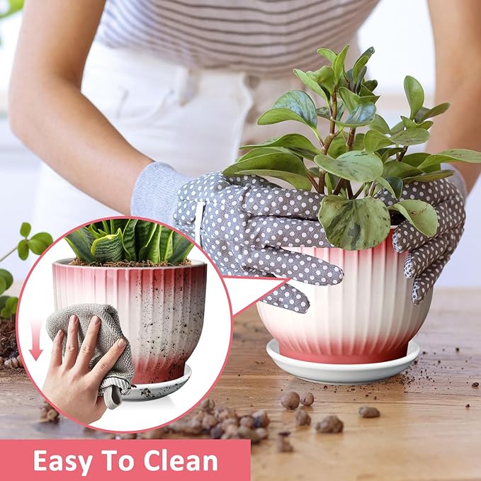 6.7 + 5.5 Inch Plant Pot, Ceramic Planter with Drainage and Saucer, Ceramic Pots for Plants, Indoor Plant pots,Ceramic Flower pots（Pink + White, Plants NOT Included）