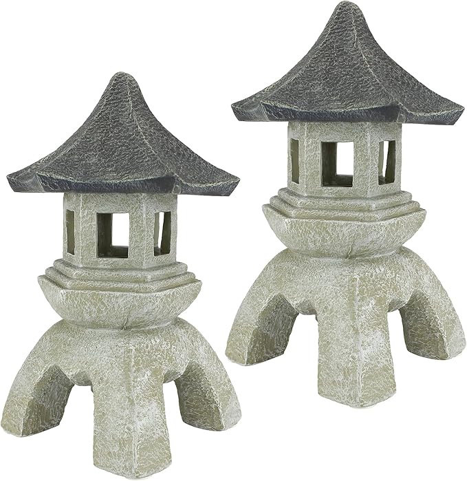 Design Toscano Asian Decor Pagoda Lantern Indoor/Outdoor Statue, Set of 2 Large, Cast Stone Resin, Two Tone Stone Finish