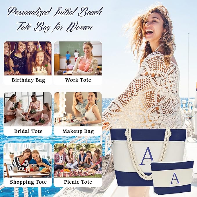 YOOLIFE Beach Bags for Women - Initial Tote Waterproof Bag with Makeup Bag, Mothers Day Gifts for Women Mom Friend Birthday