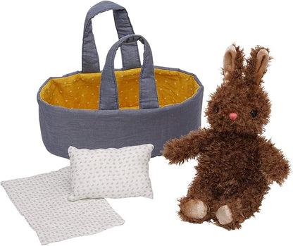 Manhattan Toy Moppettes Beau Bunny Stuffed Animal Nurturing Playset with Bunny Plush Toy, Fabric Bassinet, Blanket & Pillow
