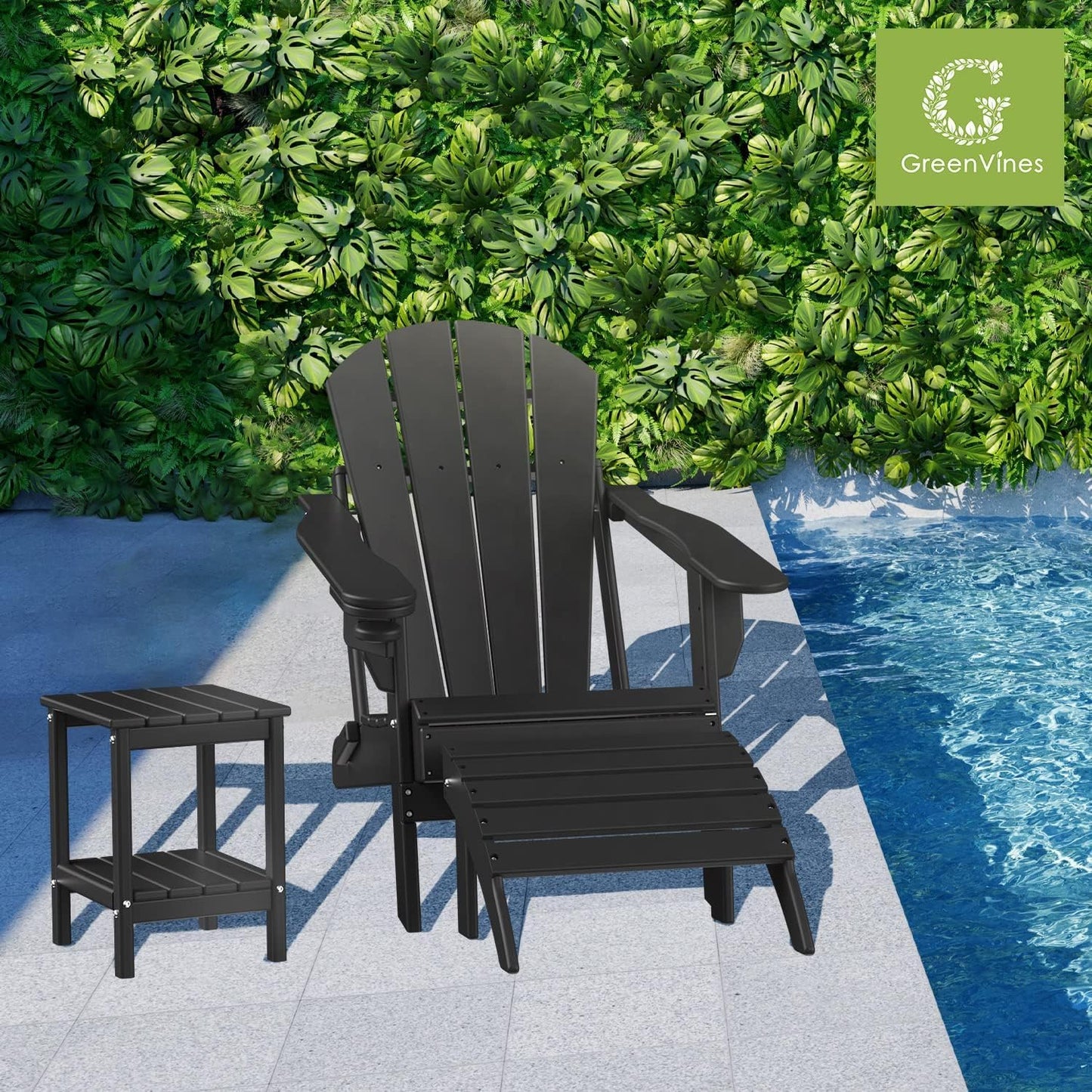 GREENVINES Folding-Adirondack-Chairs-Set-of-2 | HDPE Plastic | Fire Pit Chair | All Weather | Cup Holder | Black | for Deck Backyard Patio Outdoor Garden