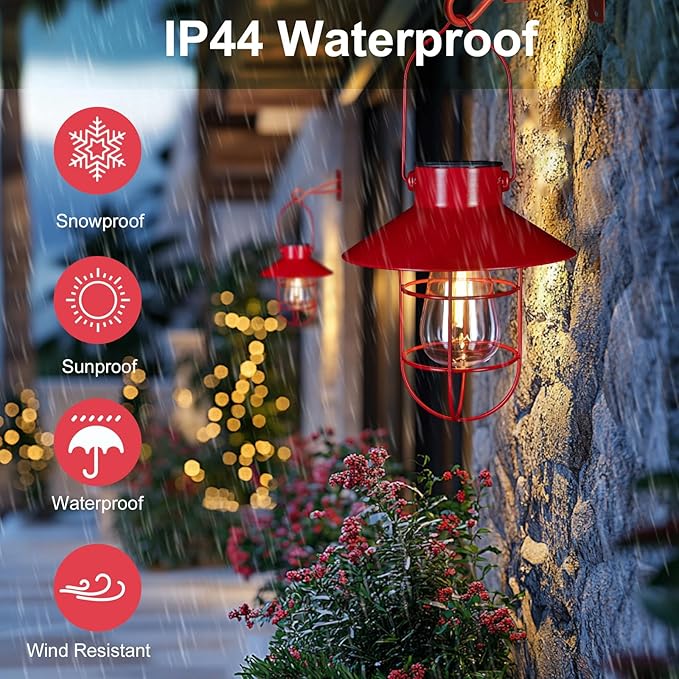 pearlstar Solar Lanterns Outdoor Christmas Metal Solar Powered Hanging Lights Waterproof for Wall Barn Yard Garden Patio Garage Balcony Porch Fence Decor, Warm White Edison Bulb (Red-2pack)