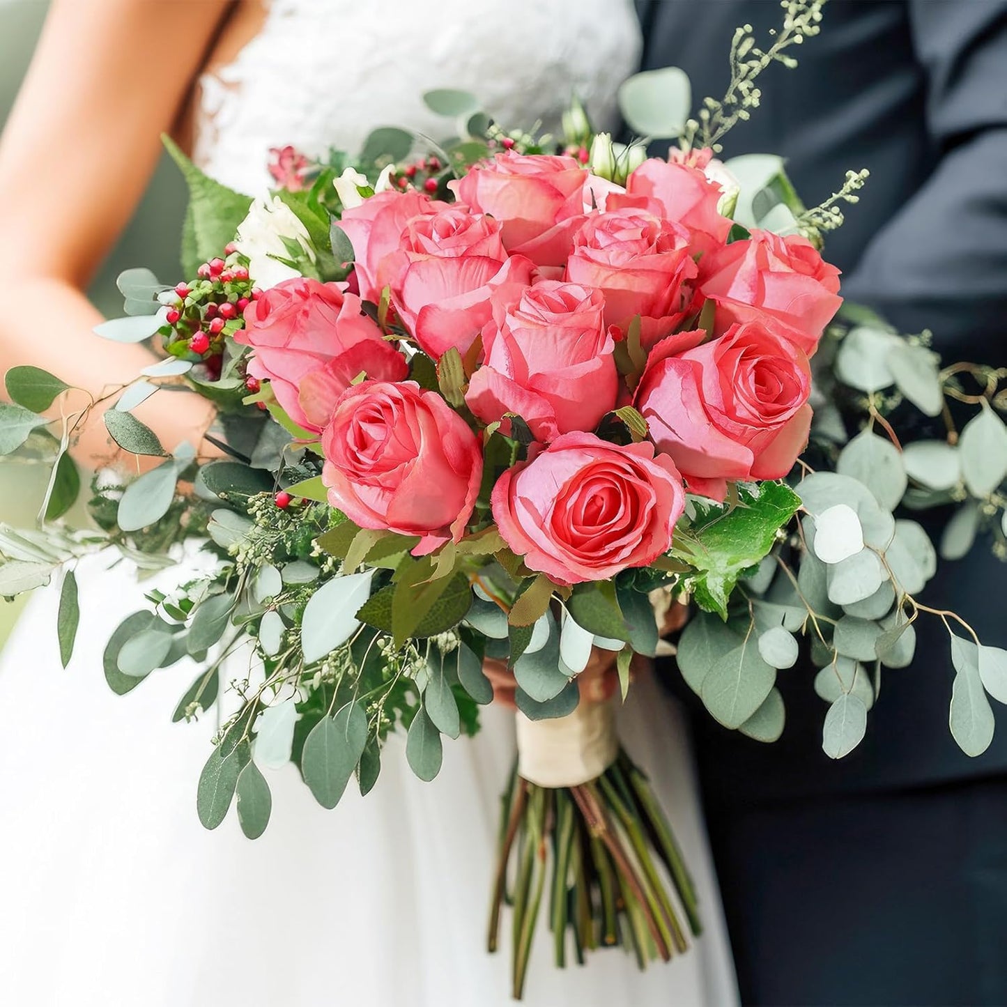 12Pcs Realistic Fake Dark Pink Roses Faux Flowers with Long Stems, Artificial Silk Rose Flowers for Valentines Day Home Wedding Decor Bridal Bouquet