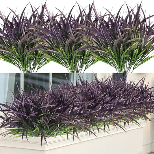 Ouddy Decor 16 Bundles Artificial Plants Outdoor Fake Grass Greenery Stems UV Resistant Faux Plastic Shrubs for Autumn Garden Pathway Front Porch Home Harvest Thanksgiving Halloween Decor, Purple