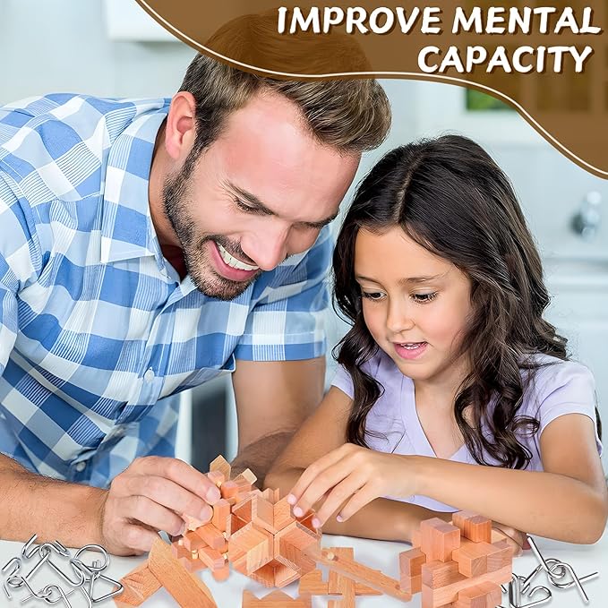 Rileryan 16 PCS Wooden Metal Brain Teasers for Adults 3D Brain Teasers Wooden Cube
