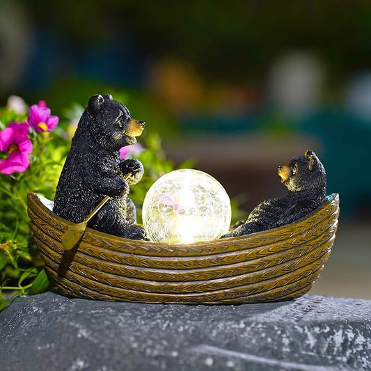 Solar Bears Boating Statues with Cracked Glass LED Lights – Funny Resin Bear Decor Garden Decorations for Patio,Balcony,Yard,Birthday Gifts for Women Mom