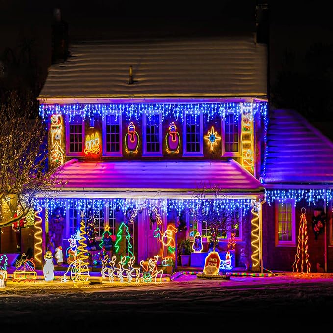 Icicle lights Outdoor - 33ft Christmas Lights with 400LED 75 Drops 8 Modes, Plug in Curtain String Lights Waterproof for Holiday Wedding Party Home Garden Bedroom Indoor Outdoor Decoration, Blue