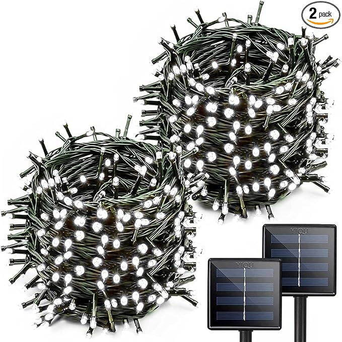 YIQU White Extra-Long 2-Pack Each 72ft 200 LED Solar String Lights Outdoor, Waterproof Green Wire 8 Lighting Modes Solar Christmas Lights for Garden Patio Tree Party Wedding Decorations (Cool White)