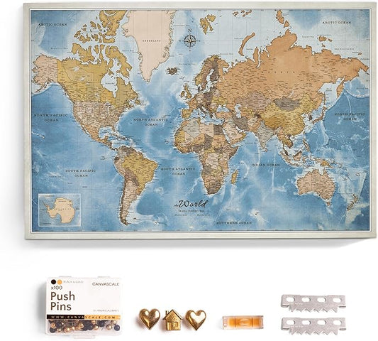 Canvas World Map with Cork Pin Board - English Lettering - Decorative Wall Decoration for All Rooms - Canvas Pictures with World Map Motif (120x80 cm, Pattern 15)