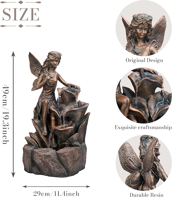 TERESA'S COLLECTIONS Water Fountain Outdoor Fairy Garden Statues with LED Lights and Pump, Large Floor Waterfall Backyard Water Fountains Porch Living Room Home Decor, Housewarming Gifts for Mom 19.3"