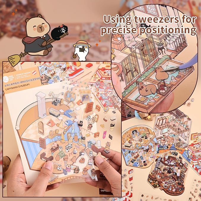 Girls 3D Miniature Scene Stickers, 4 Sets World Travel DIY House Stickers for Museun, Hotel, Magic House, Drive-In Restaurant, Cute 3D Cartoon Sticker Scenes for Adult Kids Relief Stress Pass The Time