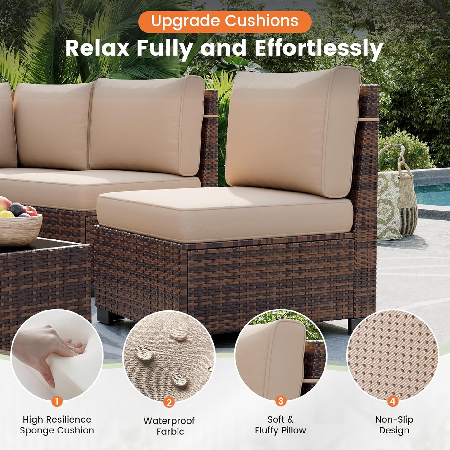 UDPATIO Patio Furniture Set with Fire Pit Table, 8 Inch Armrest Outdoor Sectional Sofa, 7 Piece Wicker Outdoor Furniture Conversation Sets with Waterproof Cover for Backyard Deck(Brown/Khaki)