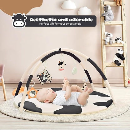 2PM SPORTS Cow Theme Baby Play Mat, Tummy Time Mat for Infant Newborn, Baby Play Gyms & Playmats for 0-3 3-6 6-12 Months, Activity Mat 5 Detachable Toys, Non Slip Gym Mat Easy to Install & Clean
