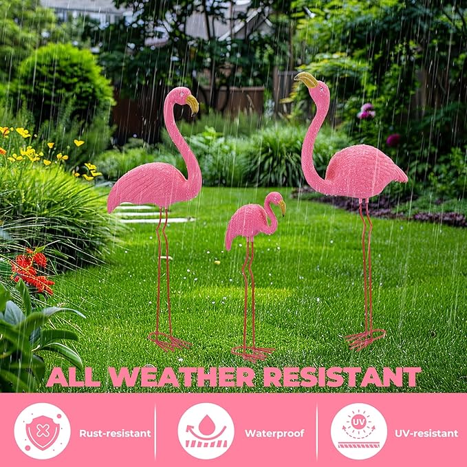 Ohuhu Family Flamingo Yard Ornaments, Set of 3 (32", 31", 19") Bright Pink Flamingos Ornaments with Metal Feet Stakes for Garden Yard Patio Party Decoration, Outdoor Decor Gardening