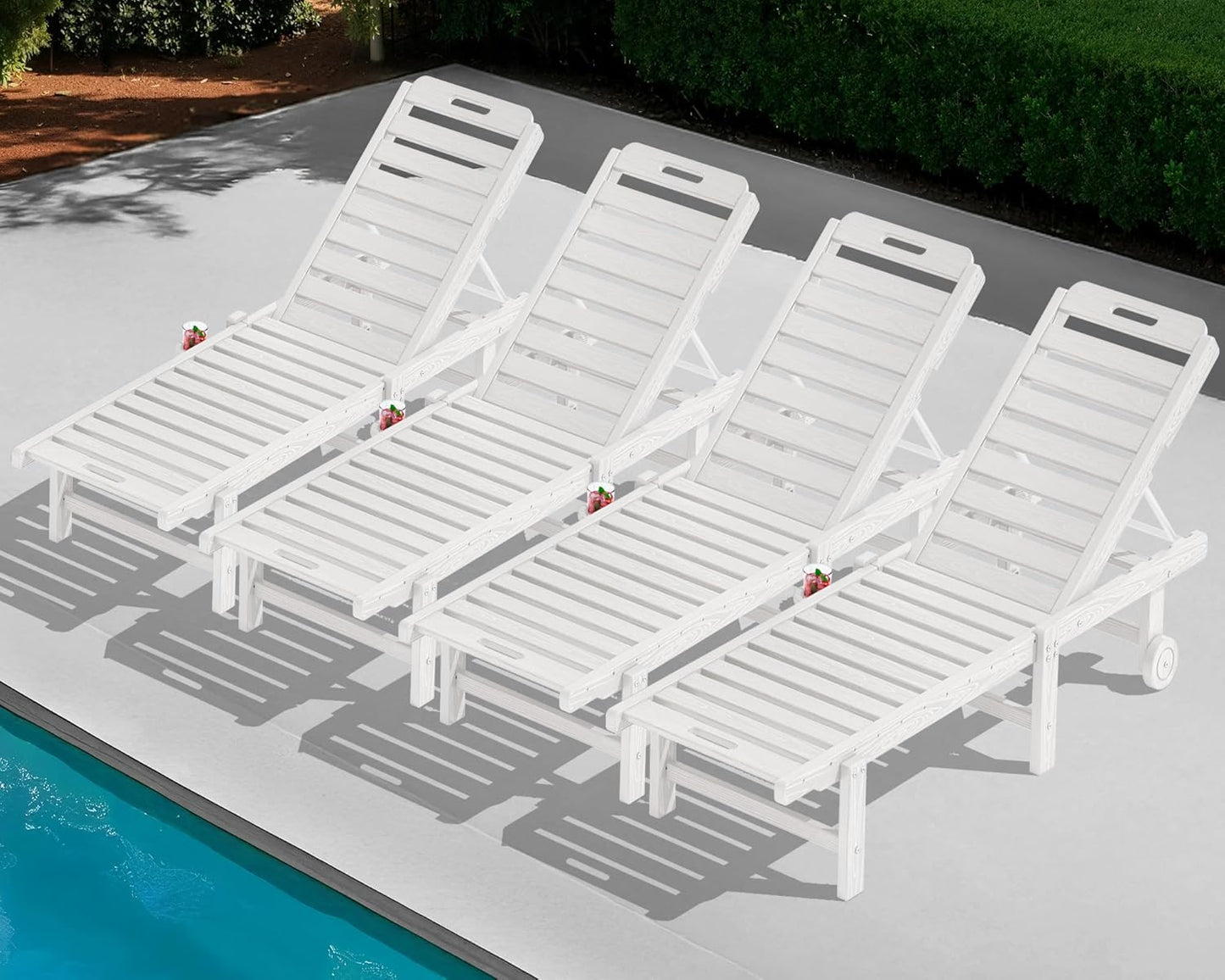 SERWALL Patio Chaise Lounge Set of 4, HDPE Outdoor Lounge Chair with Cup Holder, 5 Positions Adjustable Pool Lounge Chair with Rolling Wheels for Poolside, Deck, Sunbathing, White