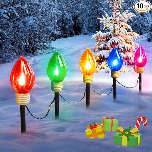 Brightown Jumbo C9 Christmas Lights Outdoor Decorations Lawn with Pathway Marker Stakes, 8.5 Ft C7 String Lights Covered Jumbo Multicolored Light Bulb for Holiday Outside Yard Garden Decor