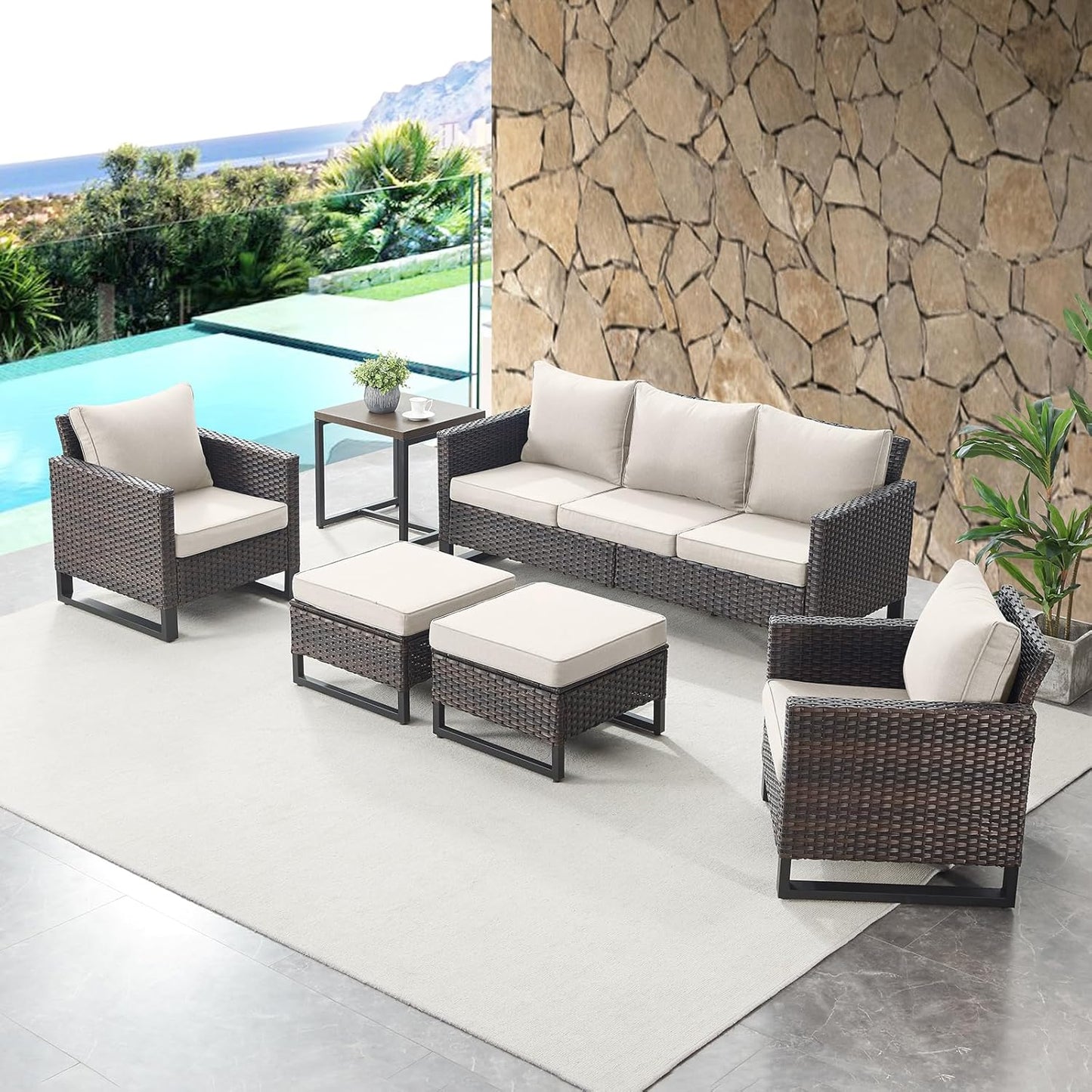 HUMMUH 6 Piece Patio Furniture Outdoor Sectional Sofa Set All-Weather Wicker Outdoor Chairs with End Table Ottomans for Patio,Porch,Garden,Backyard