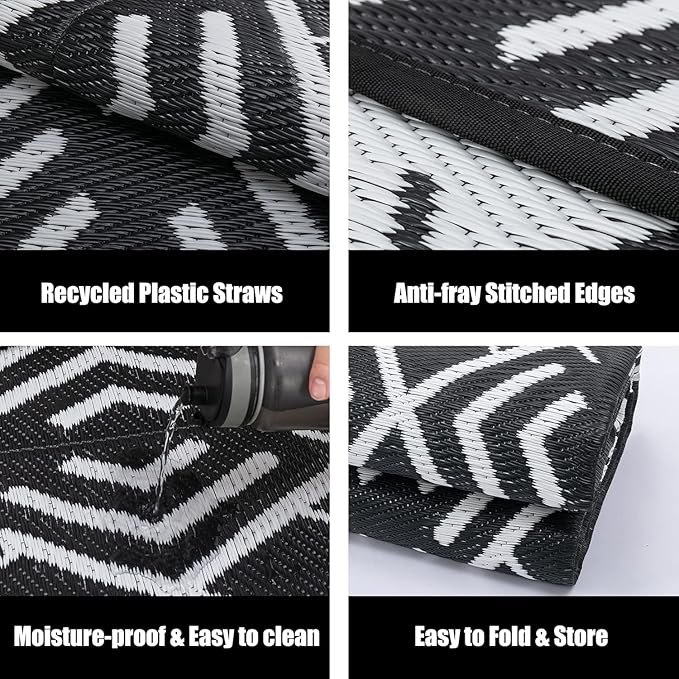 RV Outdoor Rug Waterproof Mat Outdoor Rugs 9'x12' for Patios Clearance Carpet Outdoor Camping Rugs Large Plastic Straw Rug(8x10ft Geometric Black&White)