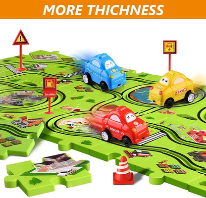 64 PCS Puzzle Race Track Car Set: Toddlers Kids Boys Girls Toys & Gifts for 3 4 5 6 Year Old | Puzzle Tracks Car Toys | with 3 Small Cars Toy and Roadblocks | Play & Learn Toy | Kid for Ages 3-5 4-6