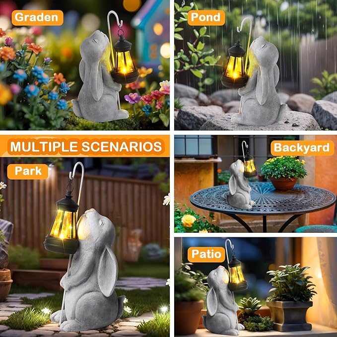 Solar Garden Outdoor Statues,Resin Rabbit Figurine Decorations with Solar Lantern, Outdoor Rabbit Art Decor for Lawn,Yard, Unique Housewarming Gift for Garden Home