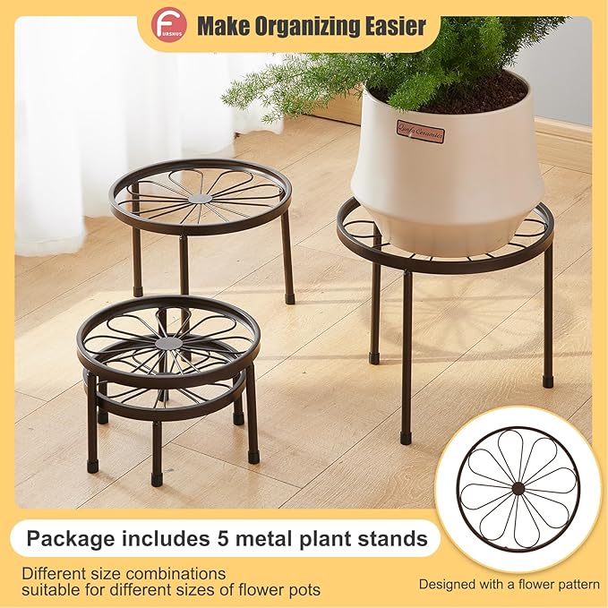 Plant Stand,5 Pack Heavy Duty Flower Pot Stands,Metal Decoration Racks,Round Plant Shelf for Planter Outdoor and indoor (Brown)