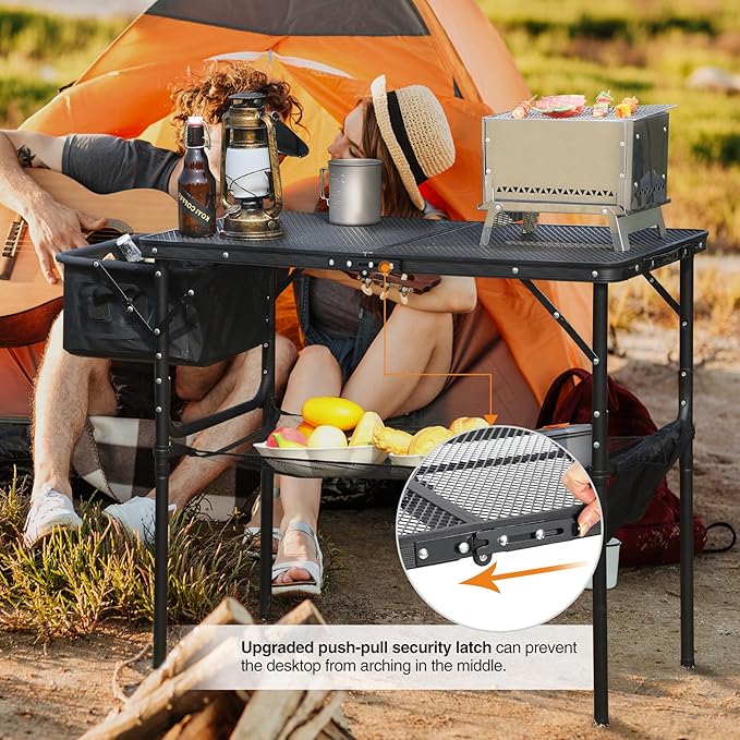 RedSwing Portable Grill Table with Sink for Outside, Aluminum Frame Folding Grill Stand Table for Outdoor Camping Picnic BBQ, Lightweight Adjustable Height, 36 x 20 x 31 Inches, Black