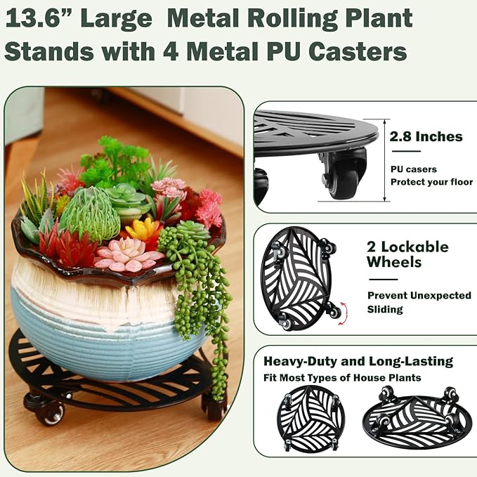 2 Packs Large Metal Plant Caddy with Wheels 14” Heavy-Duty Wrought Iron Rolling Plant Stands with Casters Indoor and Outdoor Plant Pot Roller Base Plant Saucer Movers Black